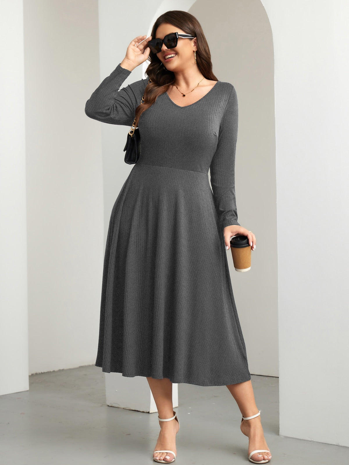Plus Size Long-Sleeve Fit-and-Flare Midi Dress — Gray gallery image 4