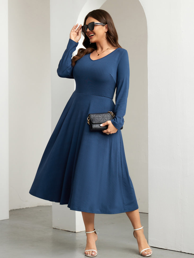 Plus Size Long-Sleeve Fit-and-Flare Midi Dress — Navy Blue