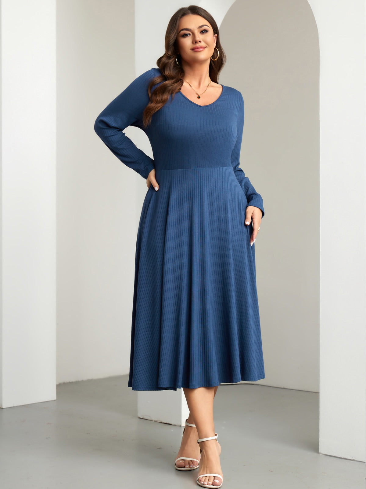 Plus Size Long-Sleeve Fit-and-Flare Midi Dress — Navy Blue gallery image 3