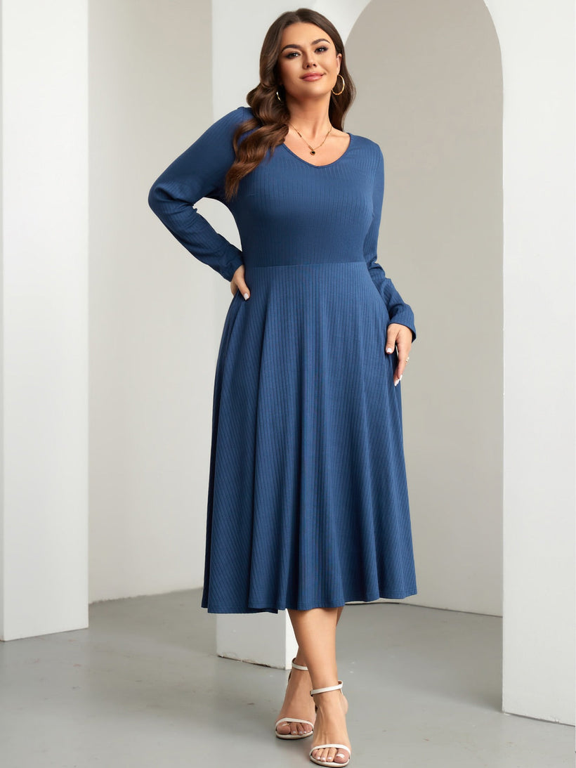 Plus Size Long-Sleeve Fit-and-Flare Midi Dress — Navy Blue