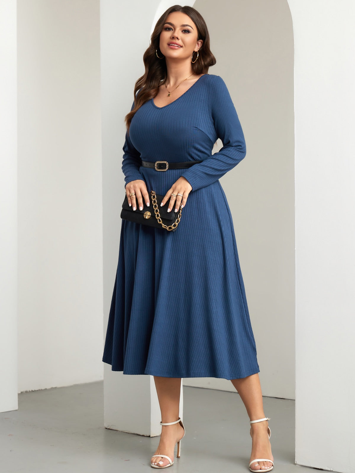 Plus Size Long-Sleeve Fit-and-Flare Midi Dress — Navy Blue gallery image 2