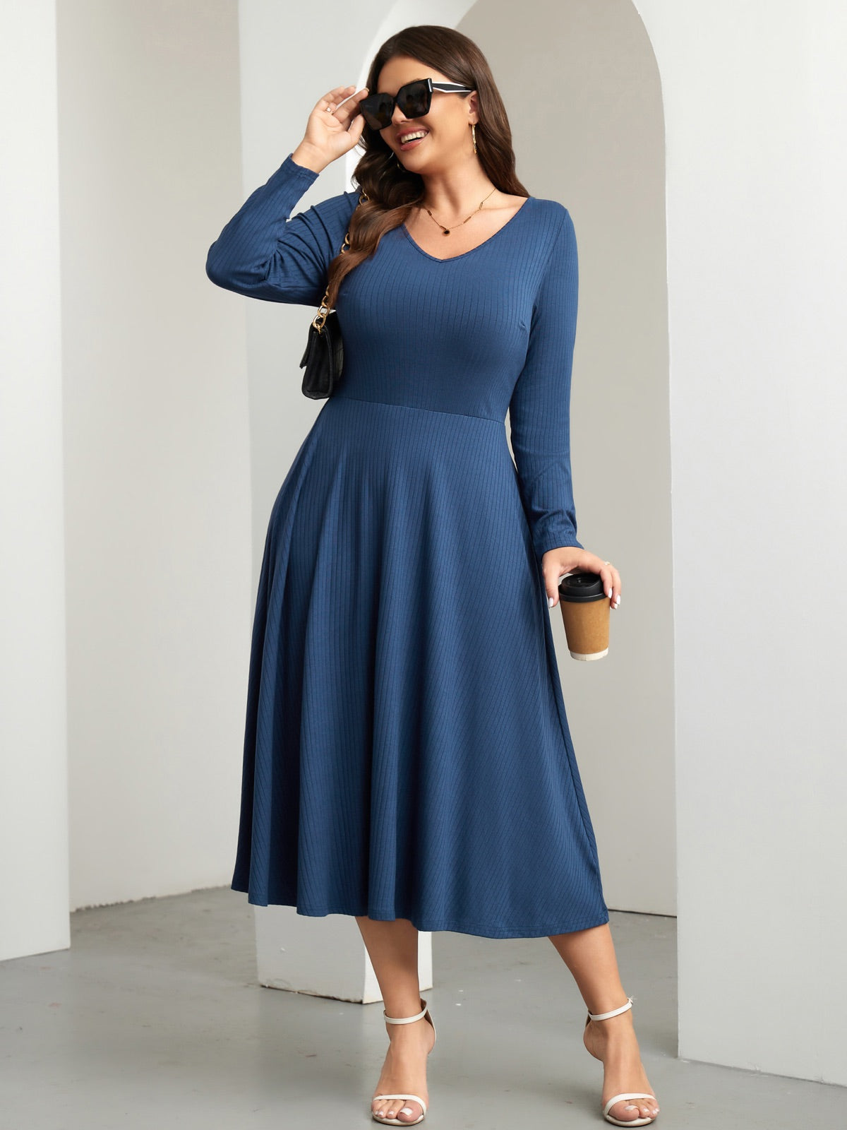 Plus Size Long-Sleeve Fit-and-Flare Midi Dress — Navy Blue gallery image 4