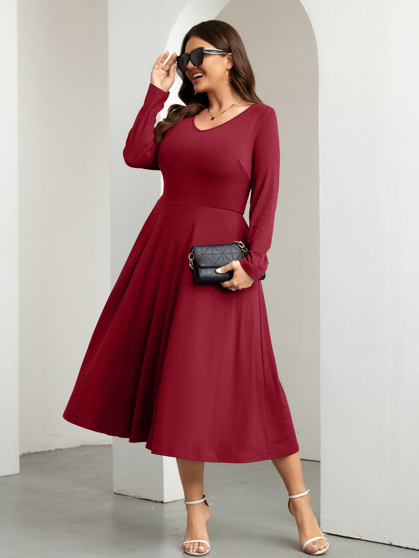 Plus Size Long-Sleeve Fit-and-Flare Midi Dress — Wine Red
