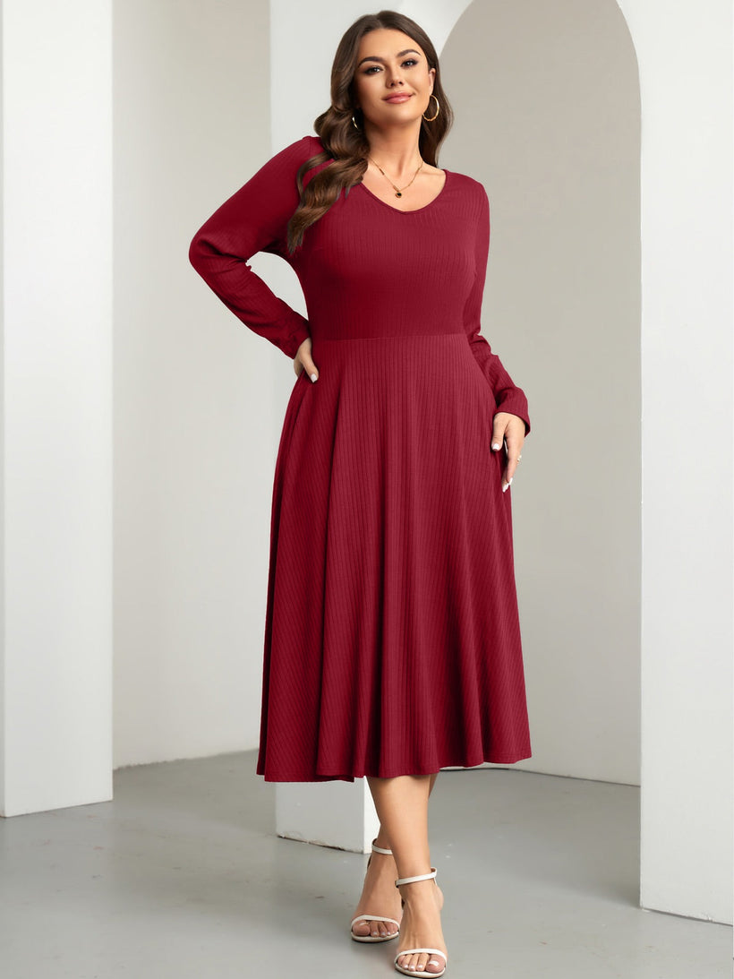Plus Size Long-Sleeve Fit-and-Flare Midi Dress — Wine Red