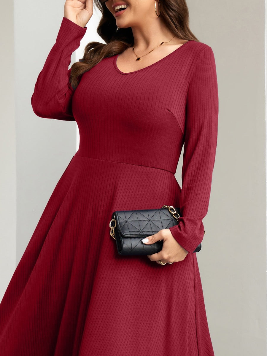 Plus Size Long-Sleeve Fit-and-Flare Midi Dress — Wine Red close-up detail
