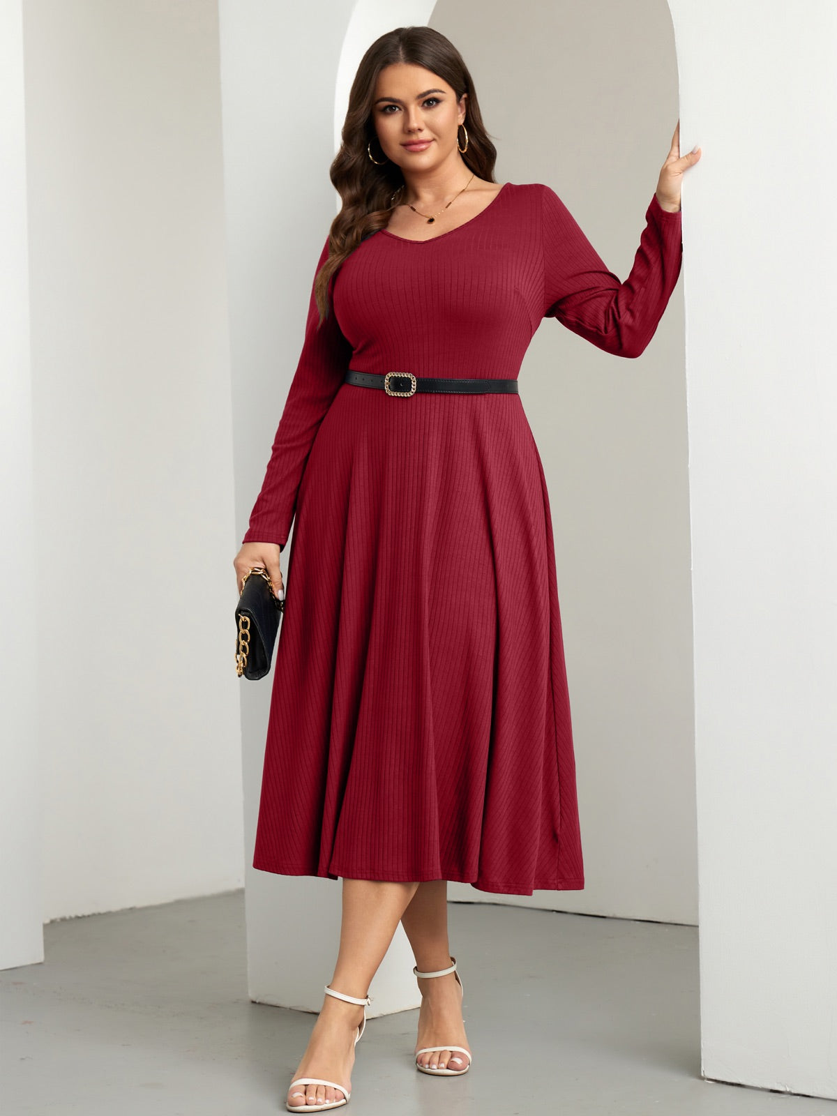 Plus Size Long-Sleeve Fit-and-Flare Midi Dress — Wine Red gallery image 1