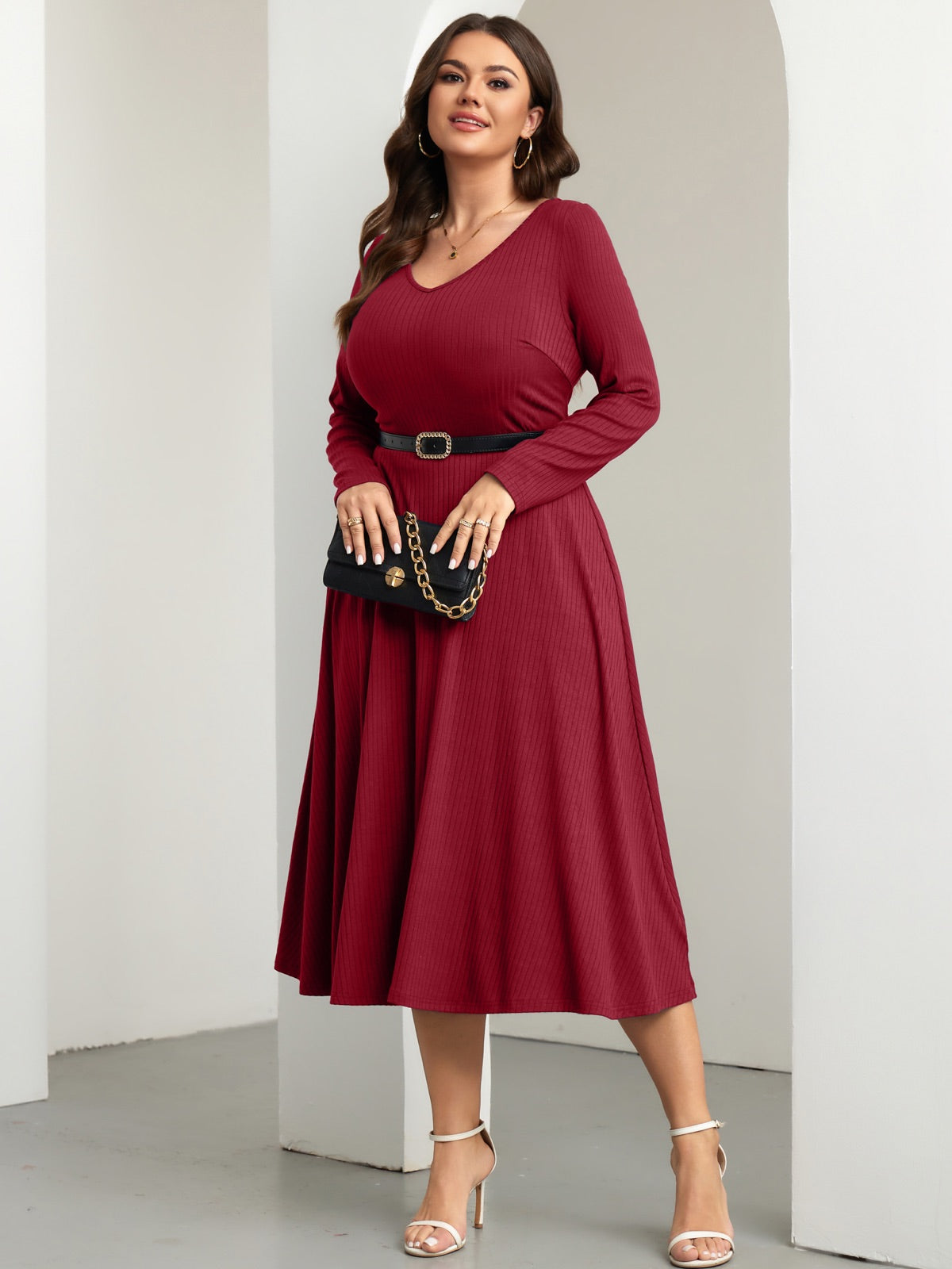 Plus Size Long-Sleeve Fit-and-Flare Midi Dress — Wine Red gallery image 2