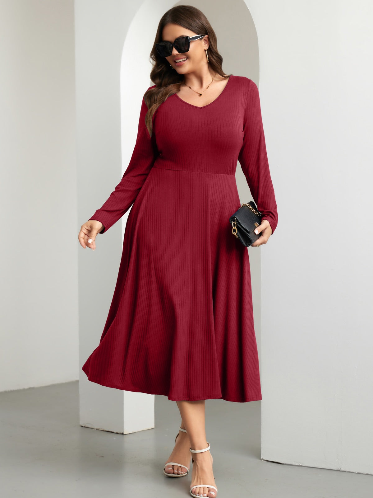 Plus Size Long-Sleeve Fit-and-Flare Midi Dress — Wine Red gallery image 3