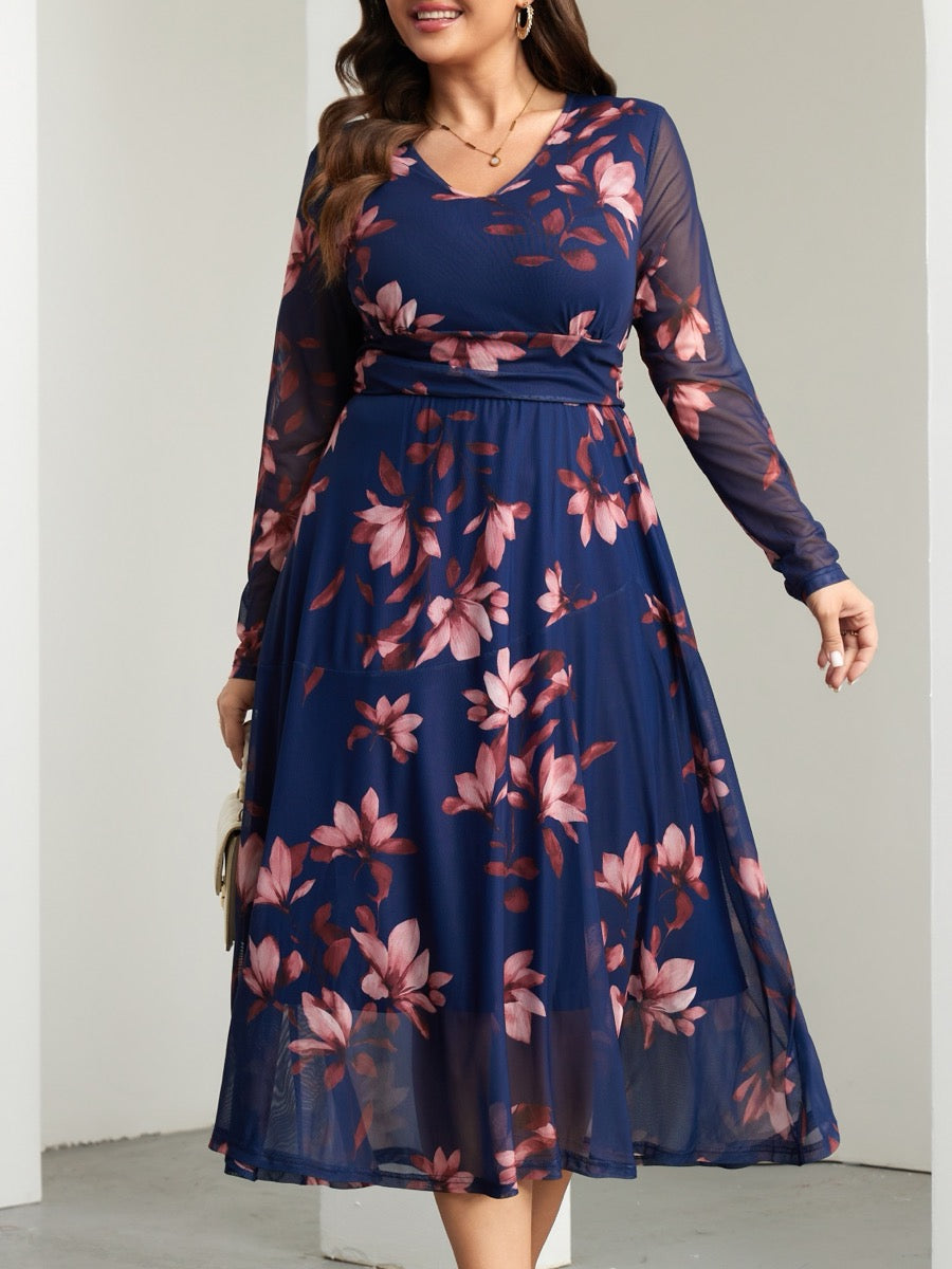 Plus Size Floral Long-Sleeve Maxi Dress — Blue Floral close-up detail