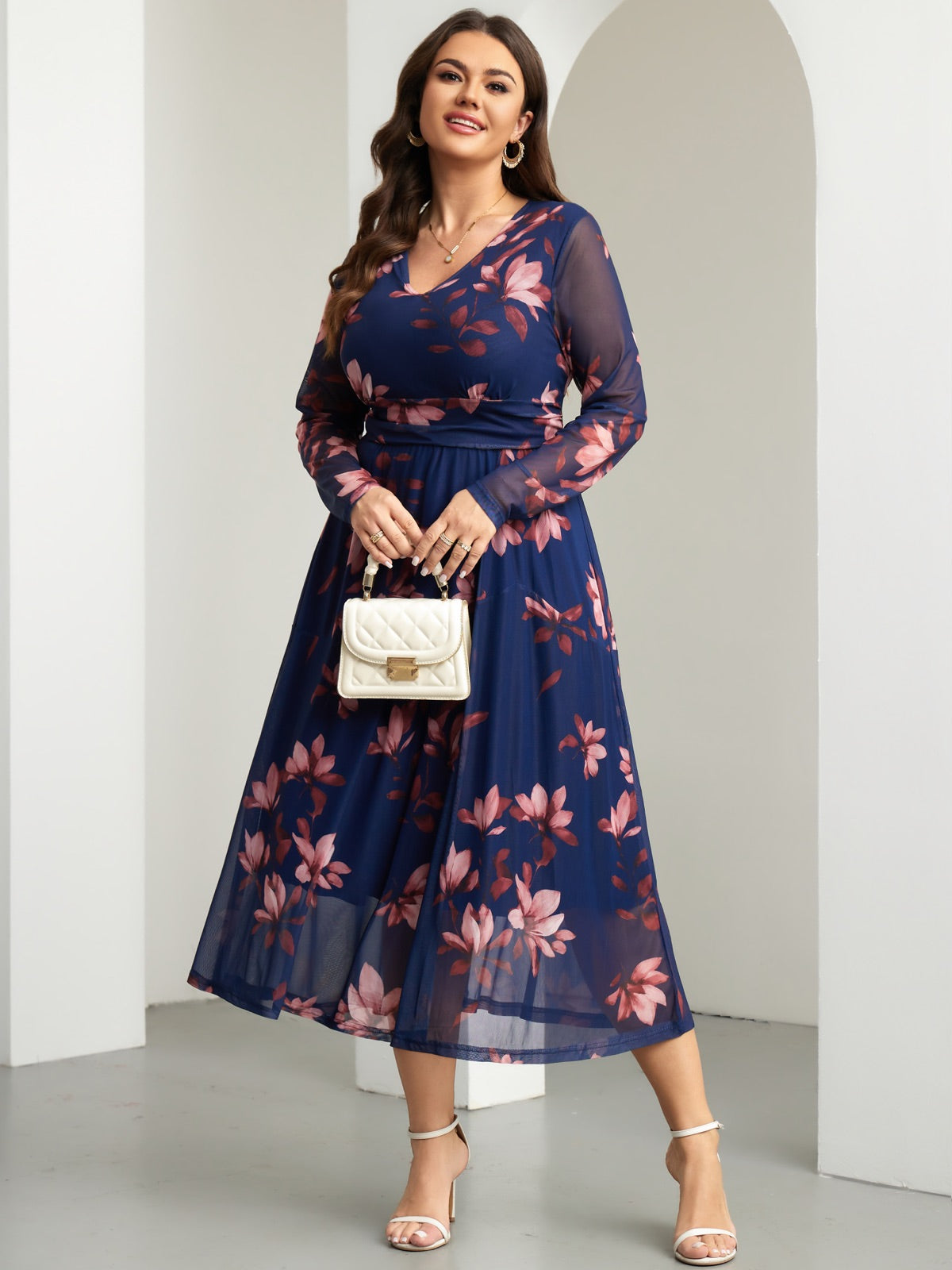 Plus Size Floral Long-Sleeve Maxi Dress — Blue Floral gallery image 1