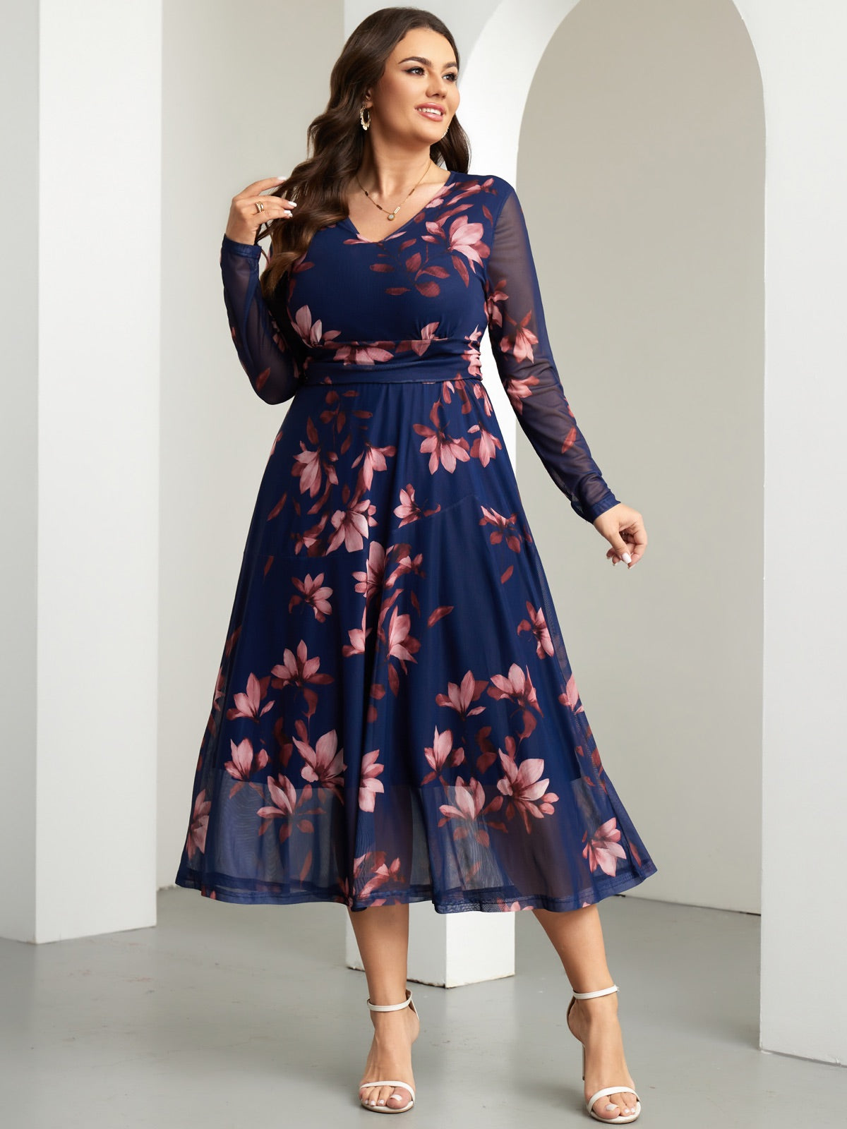 Plus Size Floral Long-Sleeve Maxi Dress — Blue Floral gallery image 2
