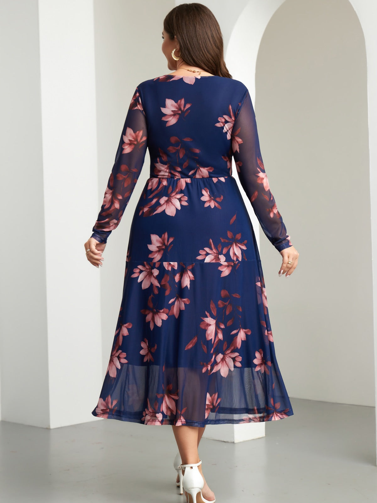 Plus Size Floral Long-Sleeve Maxi Dress — Blue Floral gallery image 3