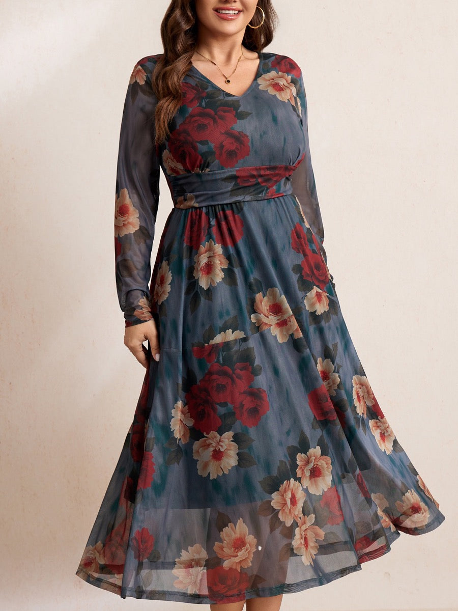 Plus Size Floral Long-Sleeve Maxi Dress — Green Floral close-up detail