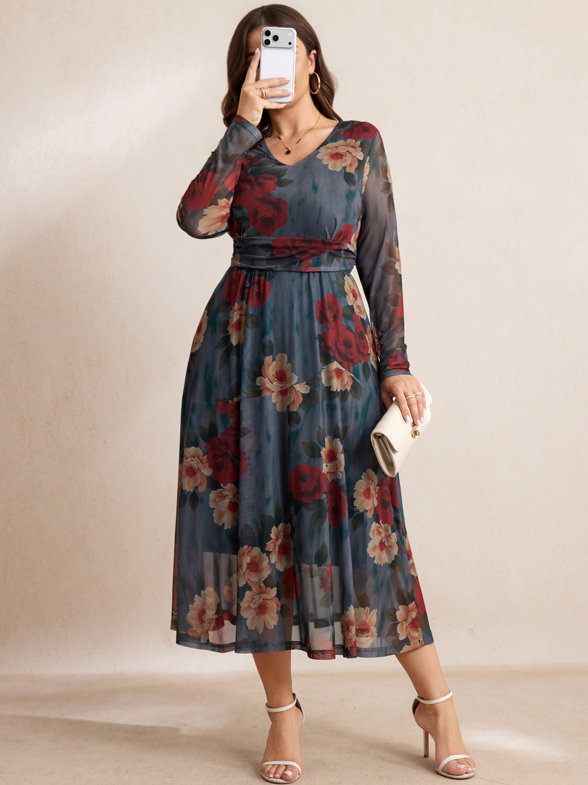 Plus Size Floral Long-Sleeve Maxi Dress — Green Floral gallery image 1