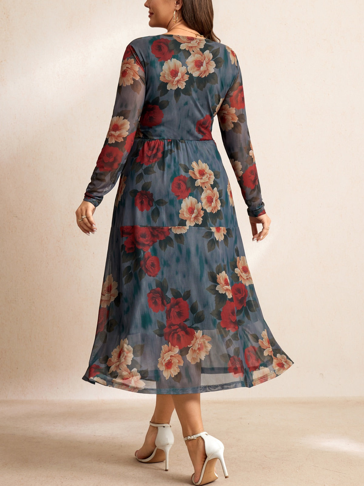 Plus Size Floral Long-Sleeve Maxi Dress — Green Floral gallery image 2