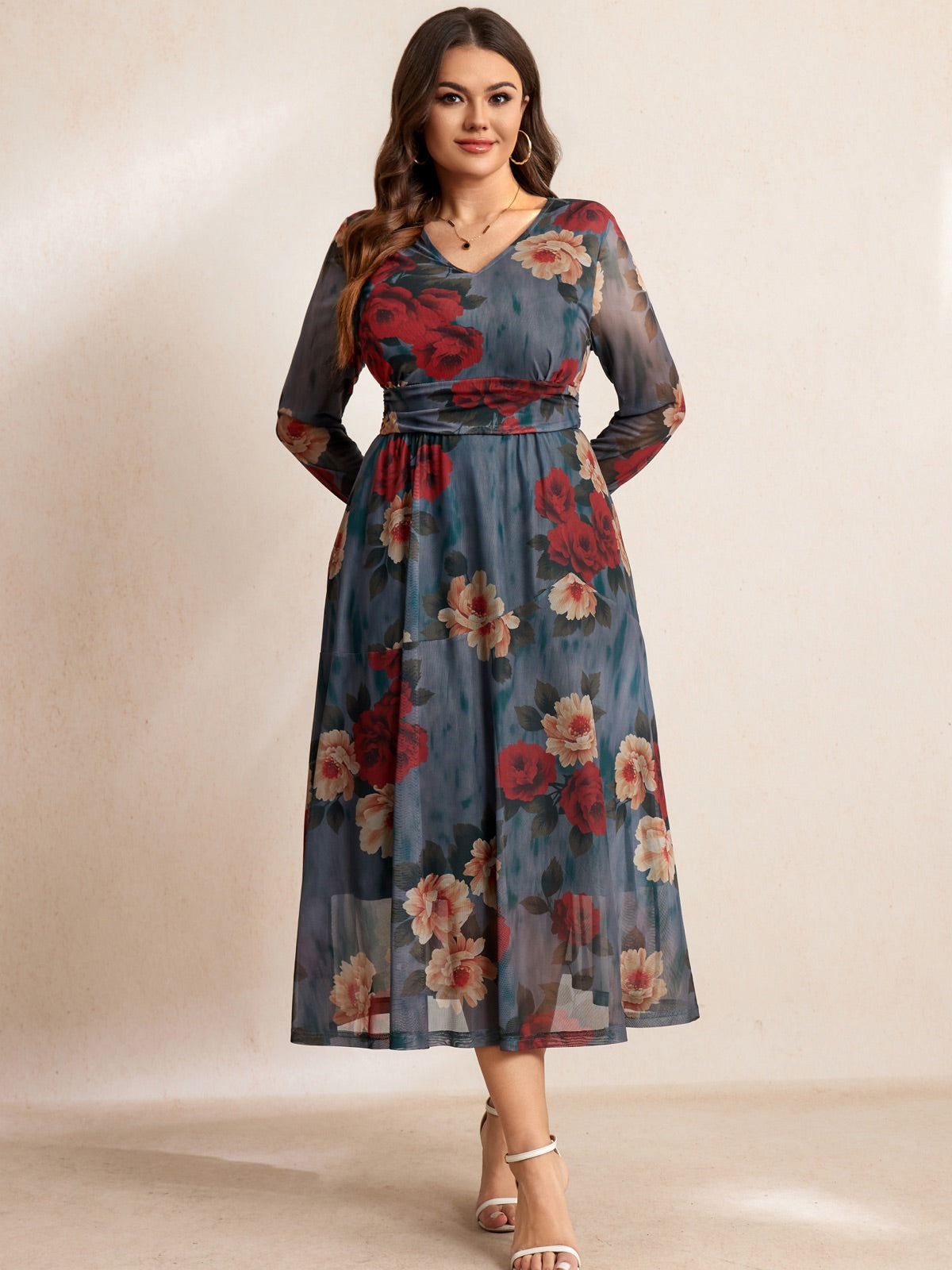 Plus Size Floral Long-Sleeve Maxi Dress — Green Floral gallery image 3
