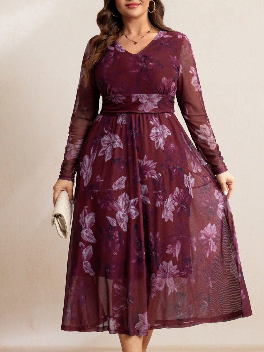 Plus Size Floral Long-Sleeve Maxi Dress — Red Floral close-up detail