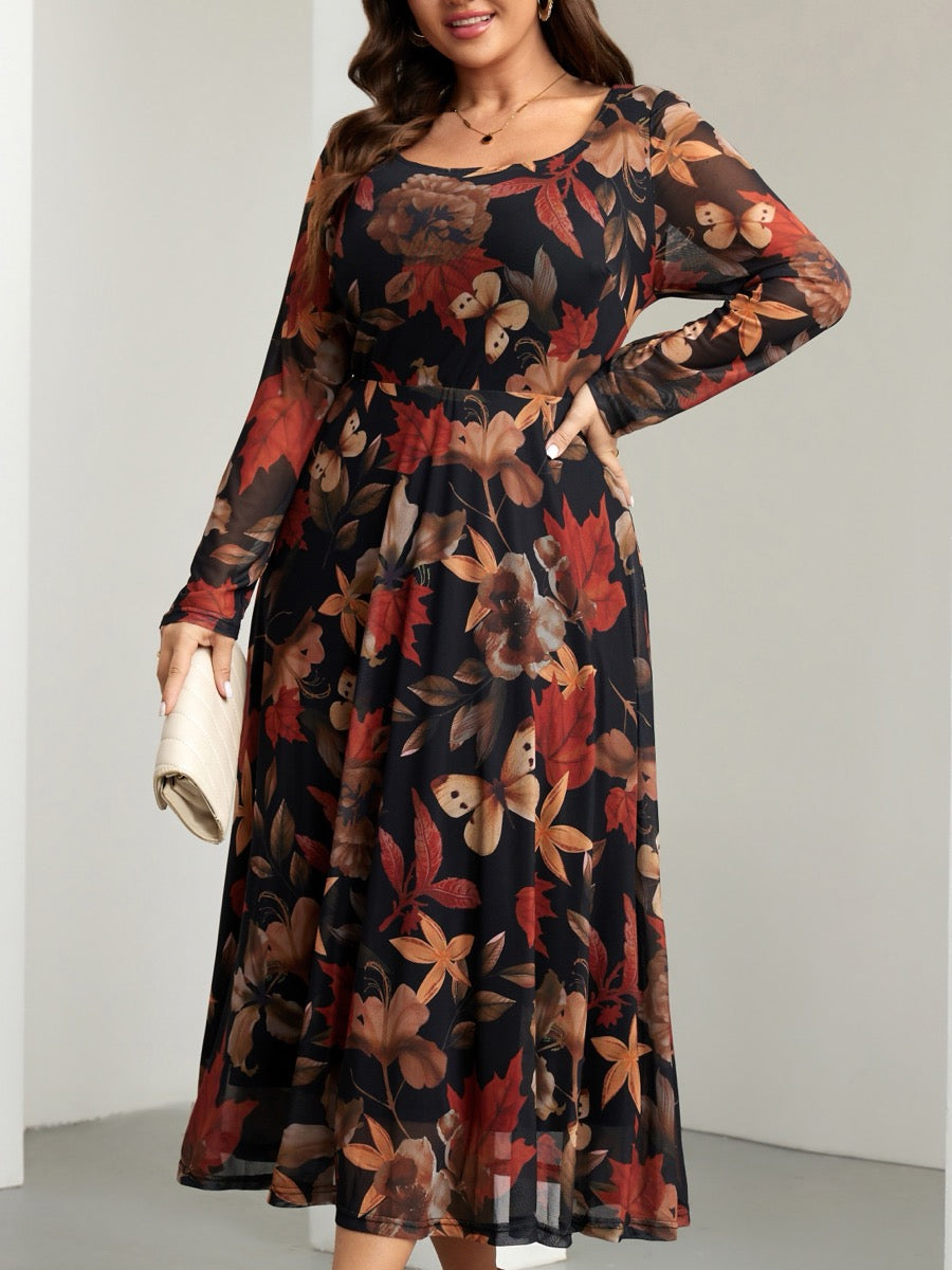 Plus Size Floral Mesh Long-Sleeve Mini Dress — Black Yellow Floral close-up detail