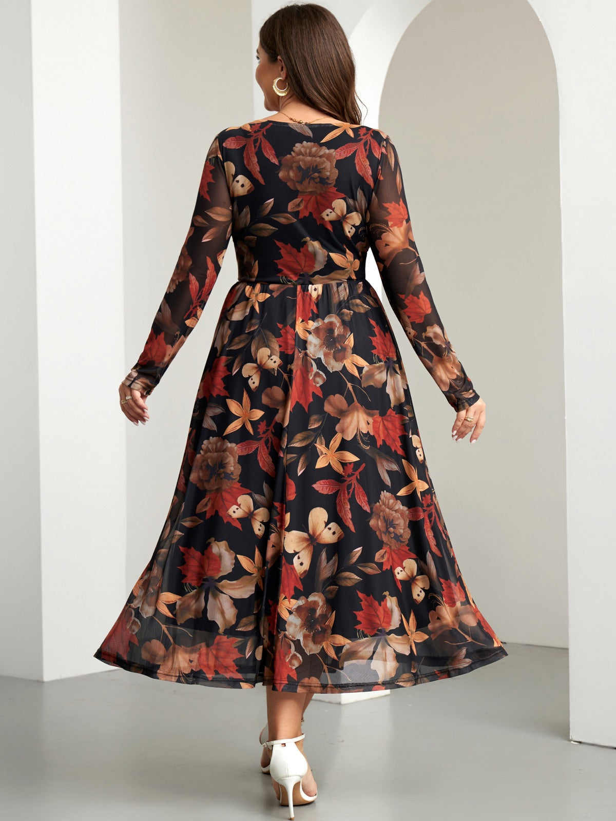 Plus Size Floral Mesh Long-Sleeve Mini Dress — Black Yellow Floral gallery image 2