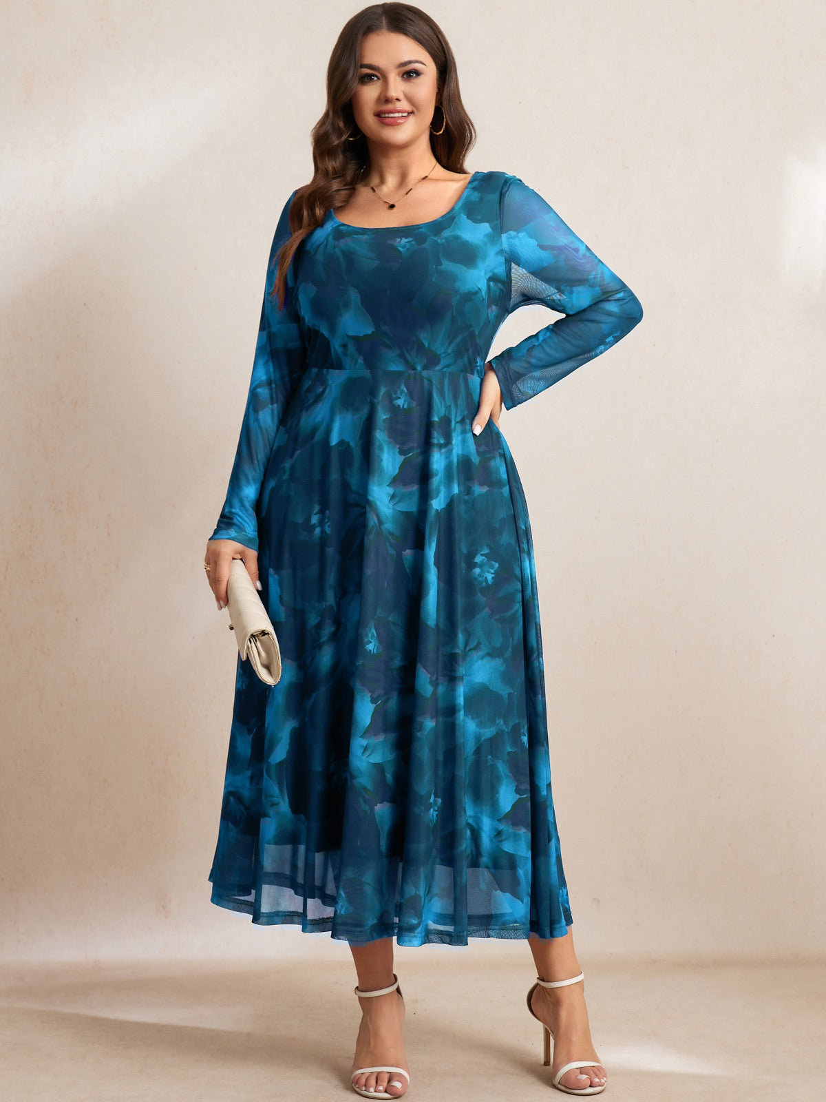 Plus Size Floral Mesh Long-Sleeve Mini Dress — Blue Floral gallery image 3