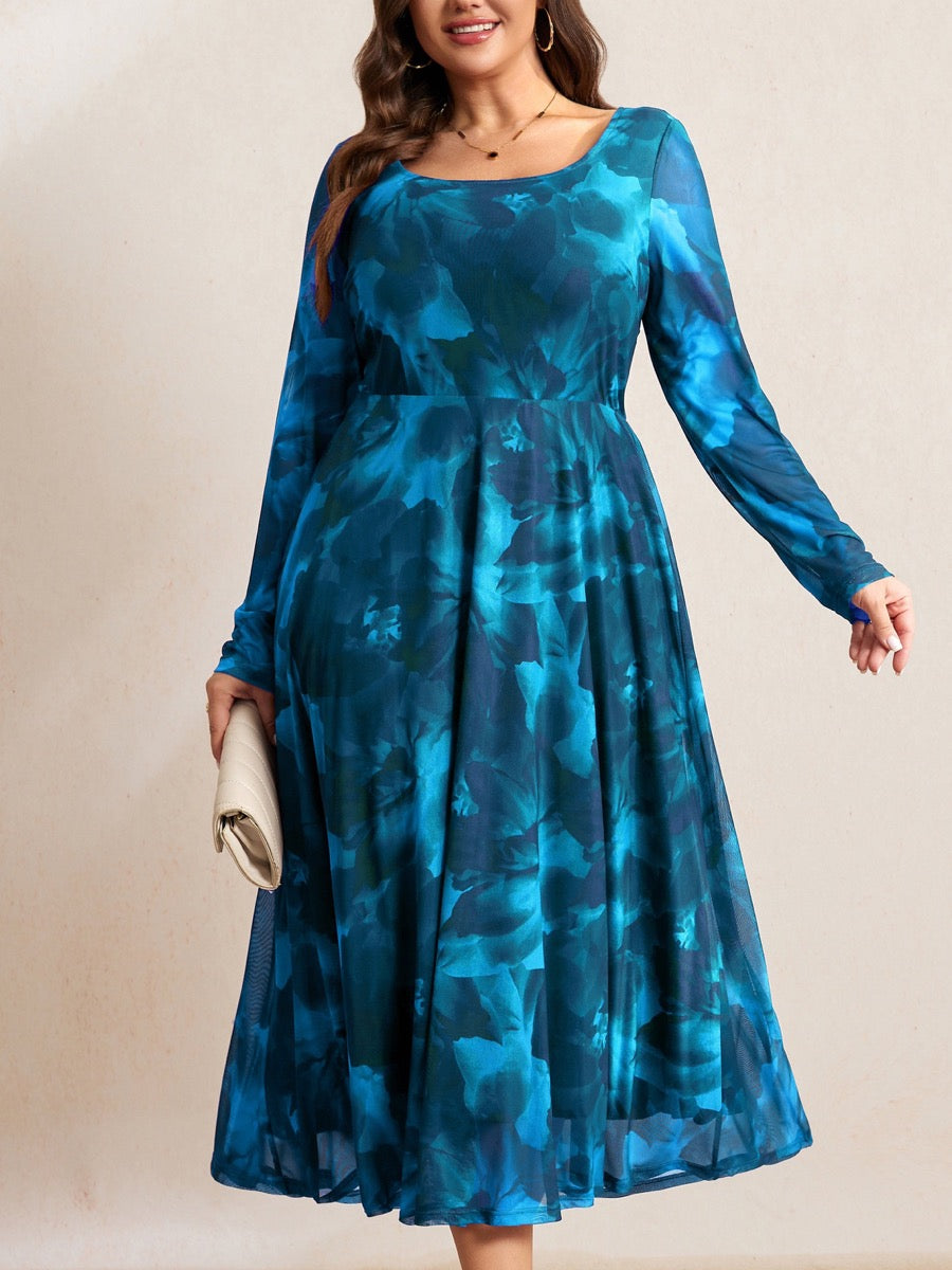 Plus Size Floral Mesh Long-Sleeve Mini Dress — Blue Floral close-up detail