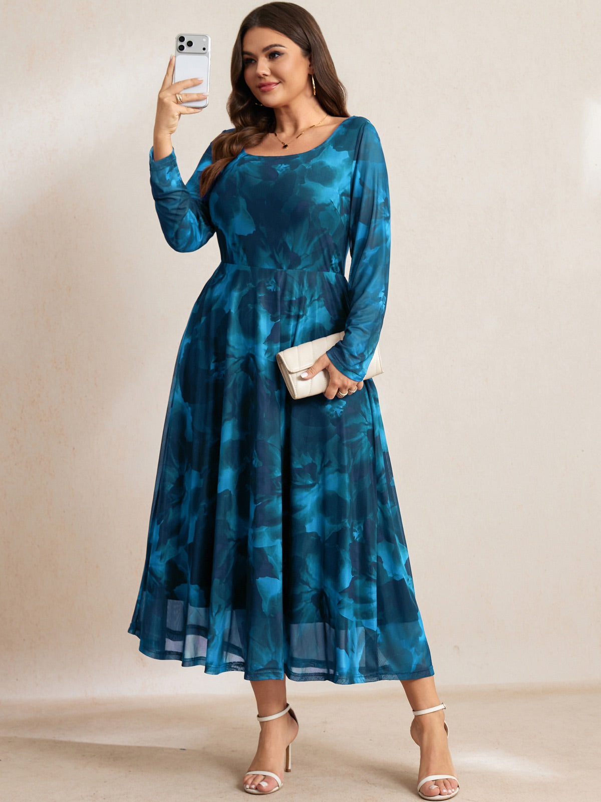 Plus Size Floral Mesh Long-Sleeve Mini Dress — Blue Floral gallery image 2