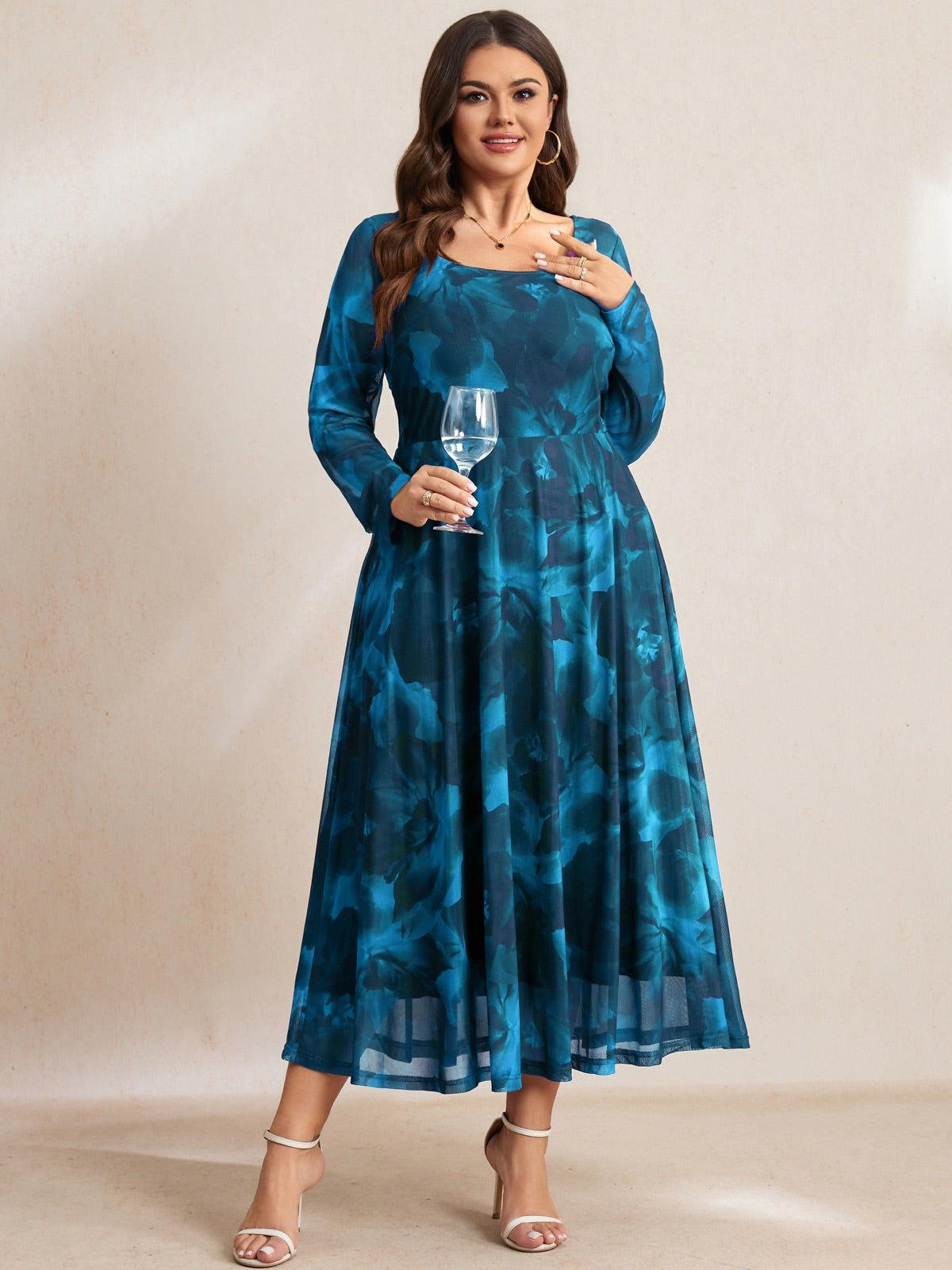 Plus Size Floral Mesh Long-Sleeve Mini Dress — Blue Floral gallery image 3