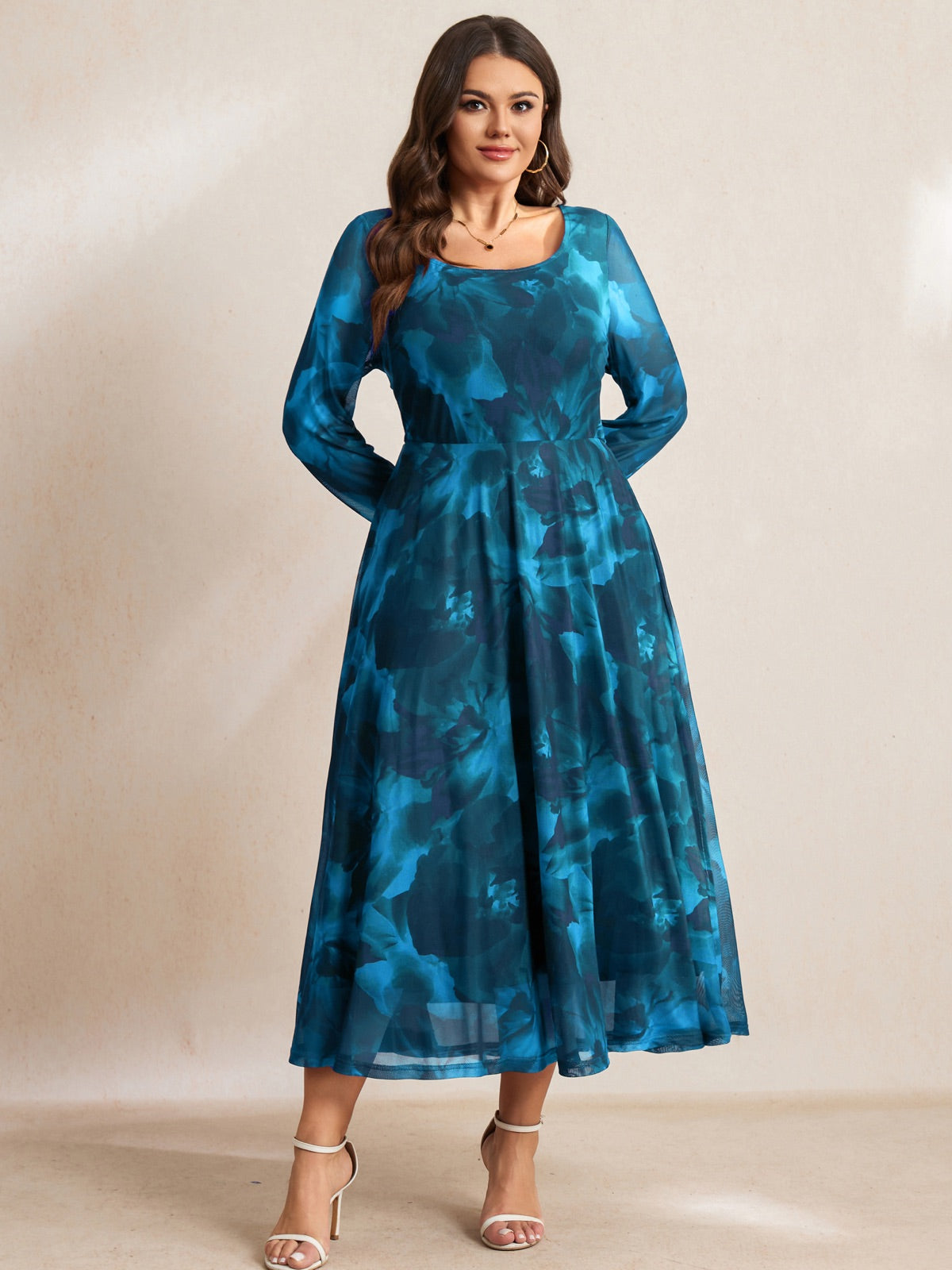 Plus Size Floral Mesh Long-Sleeve Mini Dress — Blue Floral gallery image 4