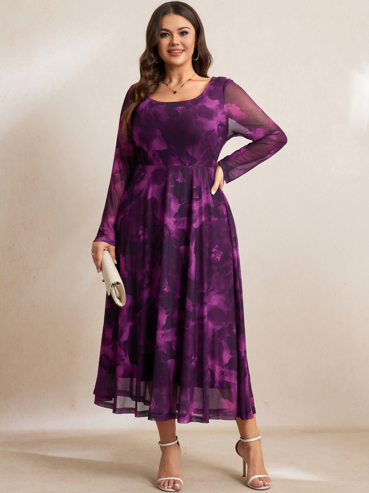 Plus Size Floral Mesh Long-Sleeve Mini Dress — Purple Floral gallery image 3