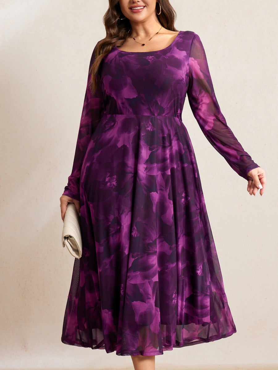 Plus Size Floral Mesh Long-Sleeve Mini Dress — Purple Floral close-up detail