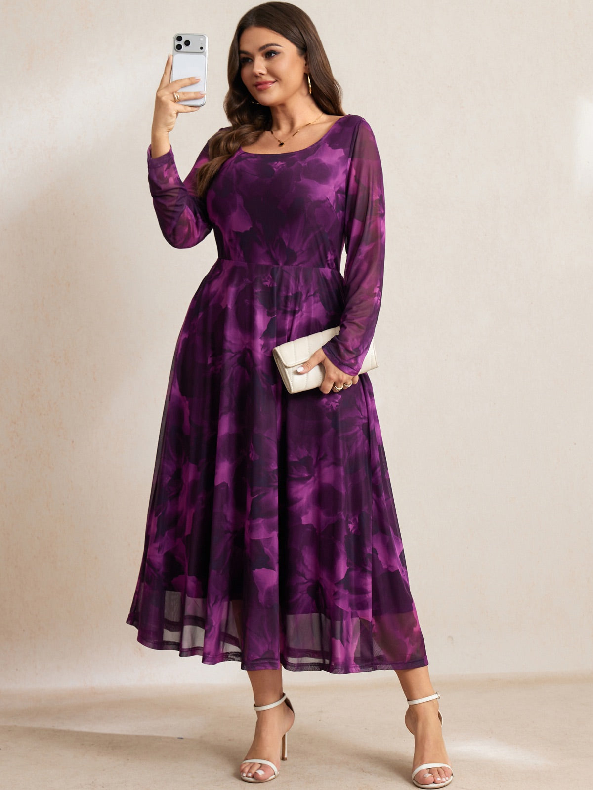 Plus Size Floral Mesh Long-Sleeve Mini Dress — Purple Floral gallery image 2