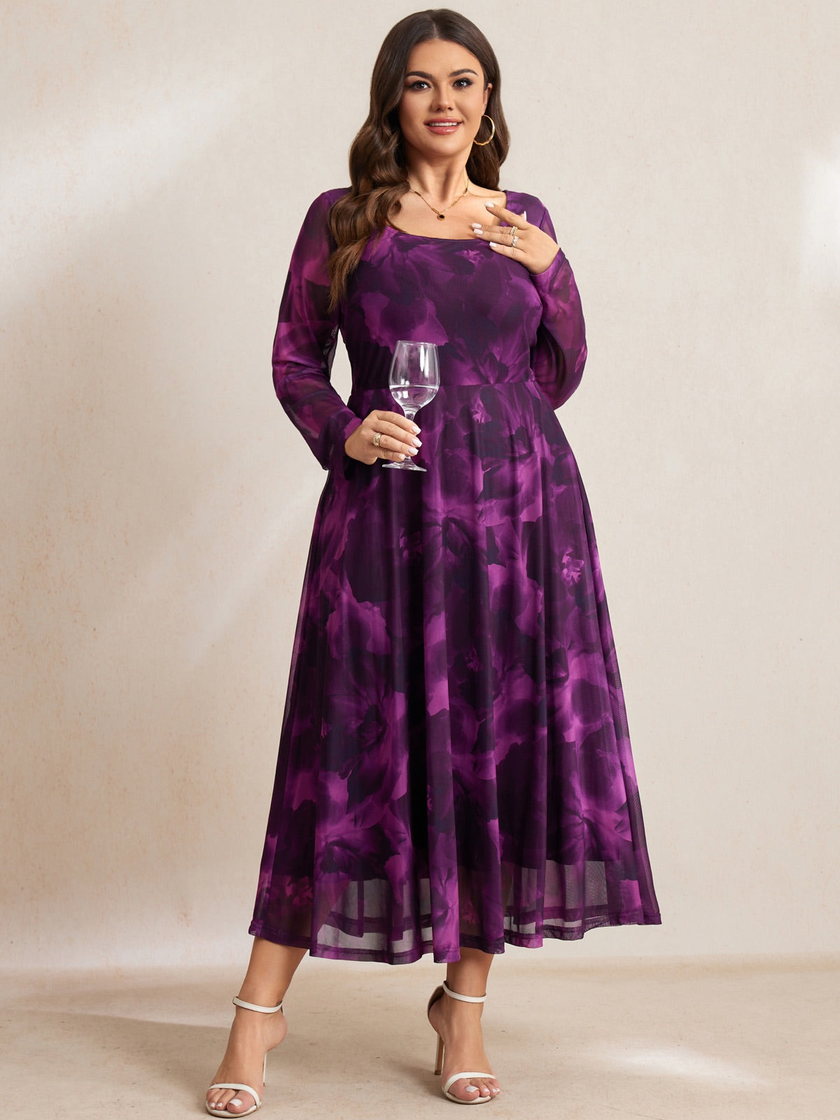 Plus Size Floral Mesh Long-Sleeve Mini Dress — Purple Floral gallery image 3