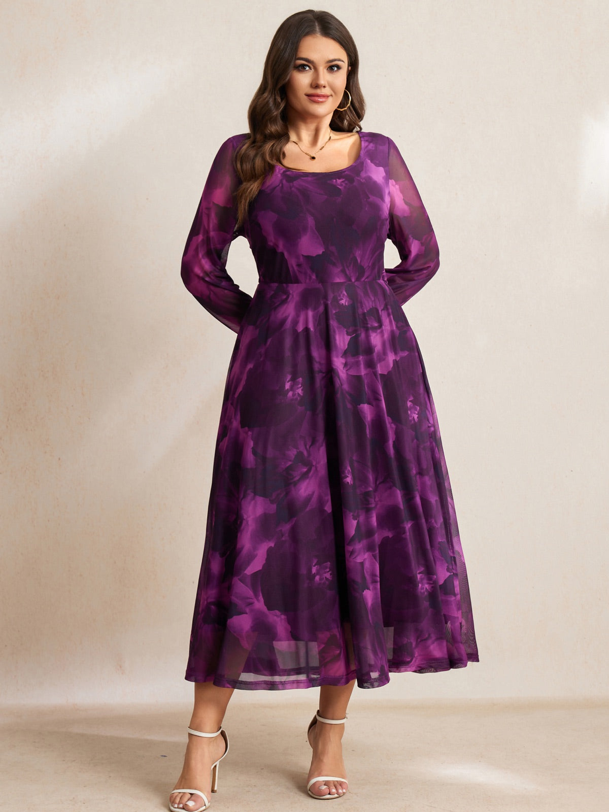 Plus Size Floral Mesh Long-Sleeve Mini Dress — Purple Floral gallery image 4