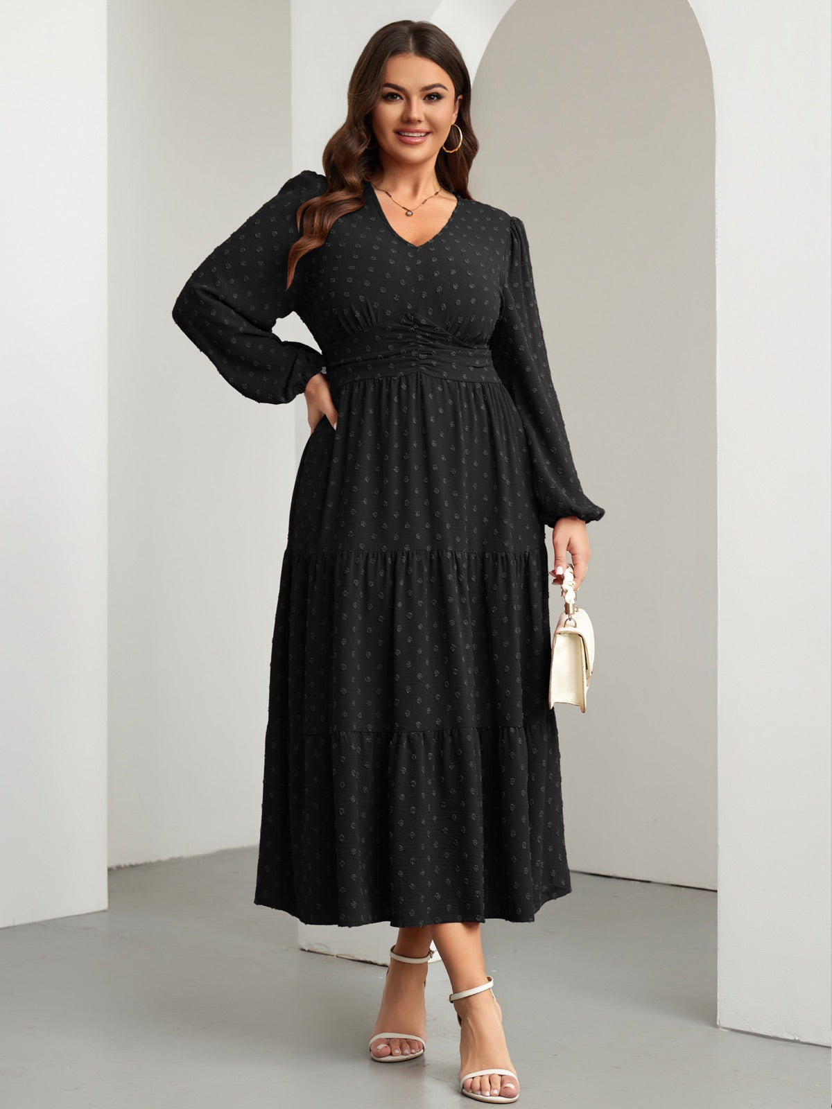 Plus Size Sparkle Long-Sleeve Maxi Dress — Black gallery image 3