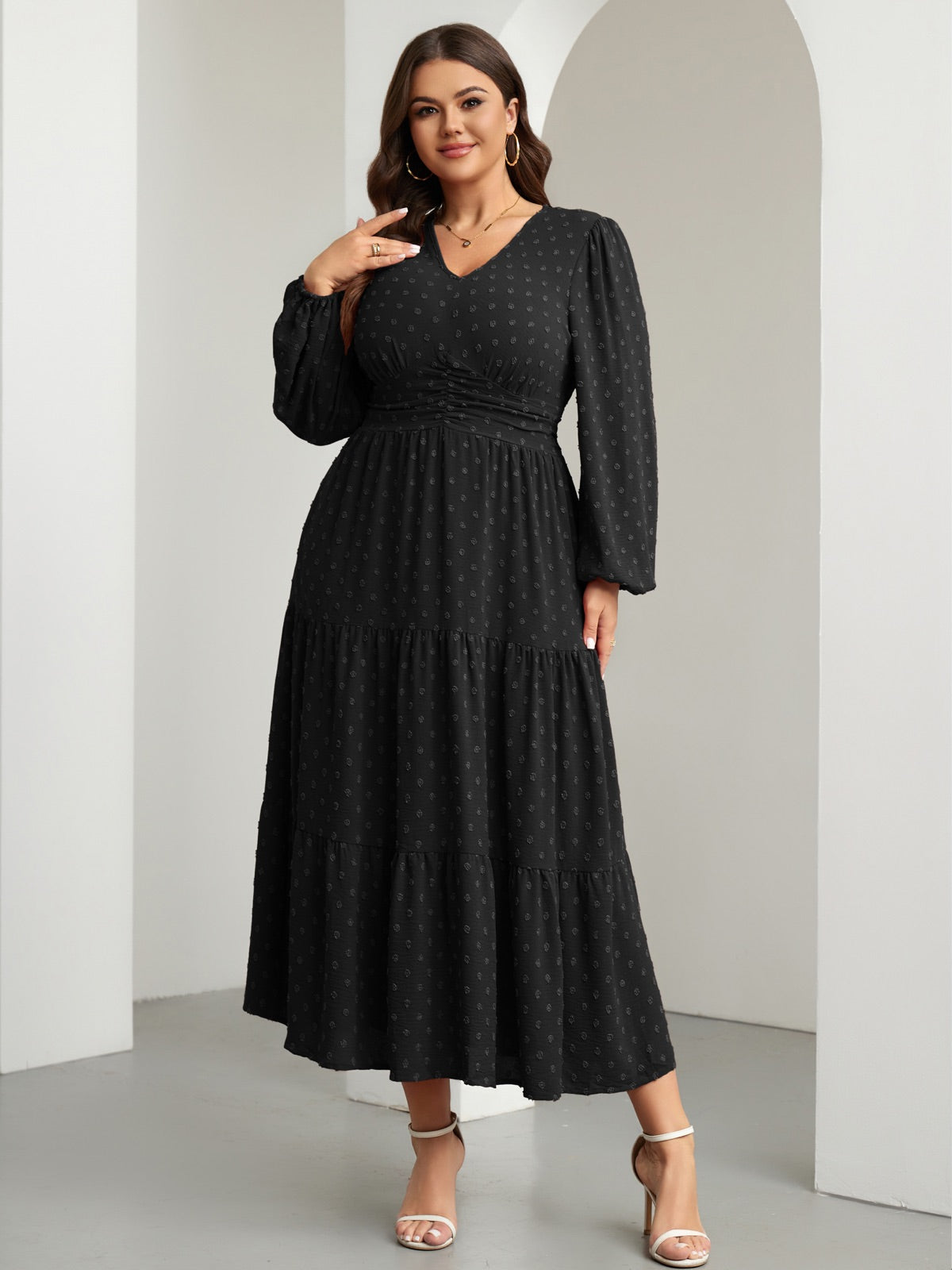 Plus Size Sparkle Long-Sleeve Maxi Dress — Black gallery image 1