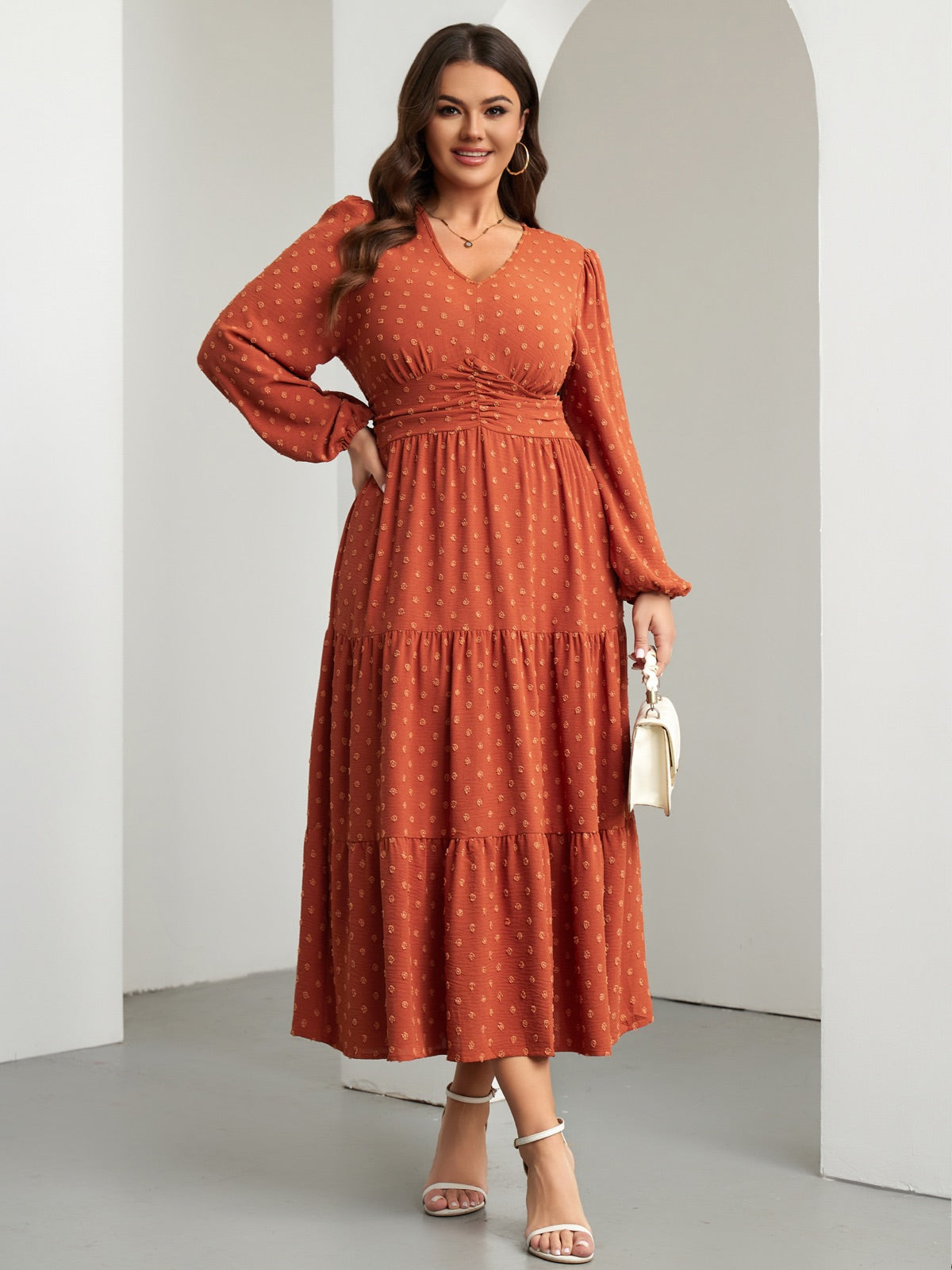 Plus Size Sparkle Long-Sleeve Maxi Dress — Burnt Orange gallery image 3