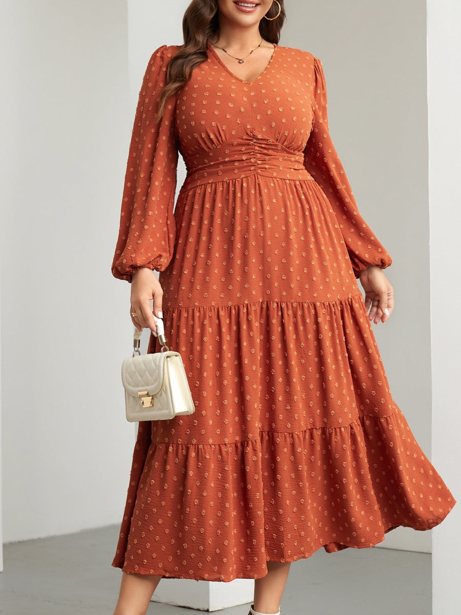 Plus Size Sparkle Long-Sleeve Maxi Dress — Burnt Orange close-up detail