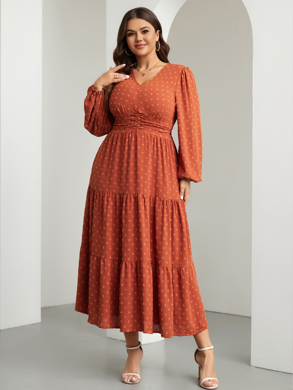 Plus Size Sparkle Long-Sleeve Maxi Dress — Burnt Orange gallery image 1