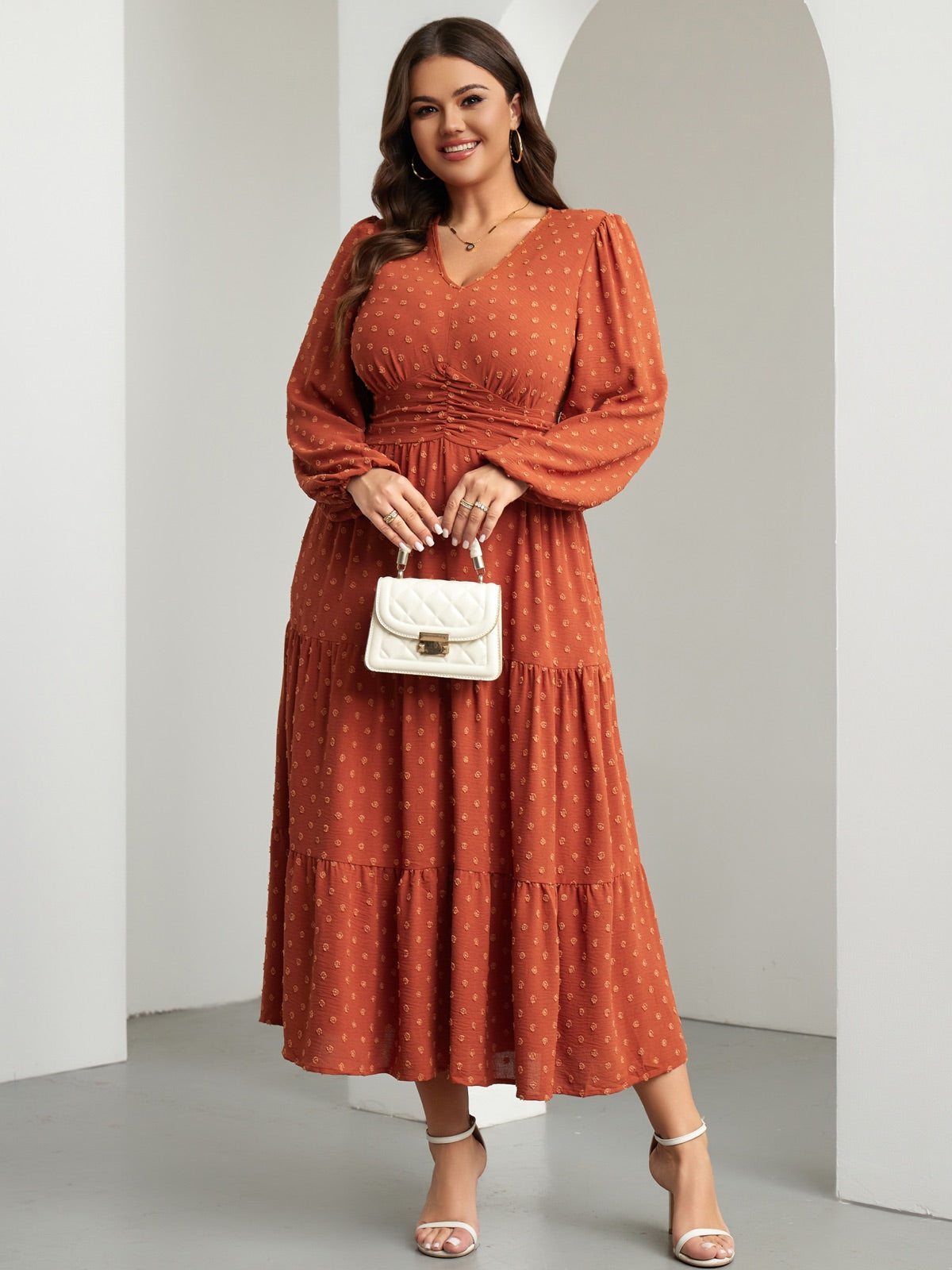 Plus Size Sparkle Long-Sleeve Maxi Dress — Burnt Orange gallery image 4