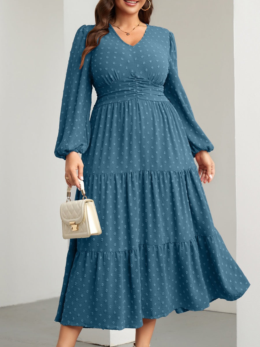 Plus Size Sparkle Long-Sleeve Maxi Dress — Lake Blue close-up detail