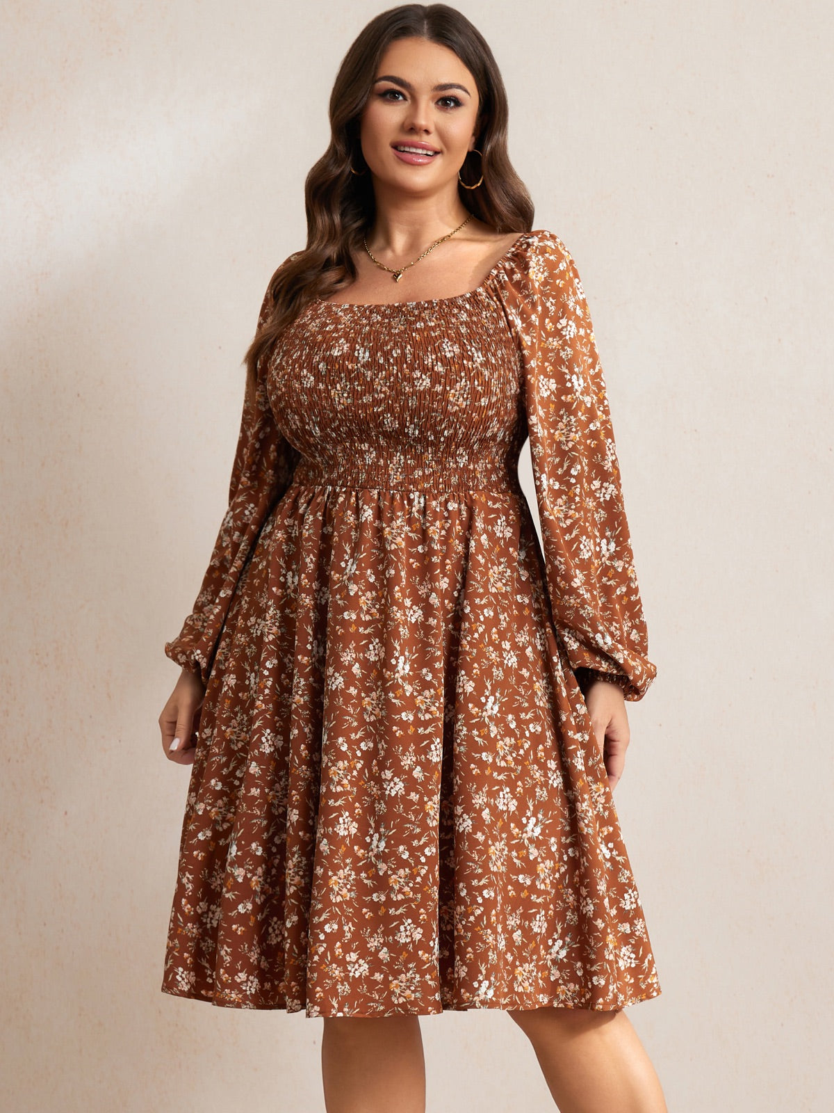 Plus Size Floral Long-Sleeve Midi Dress — Brown Floral gallery image 3
