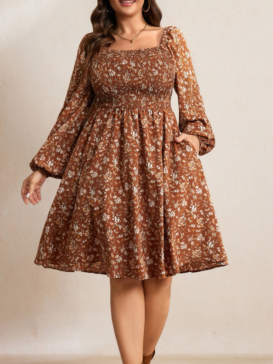 Plus Size Floral Long-Sleeve Midi Dress — Brown Floral close-up detail