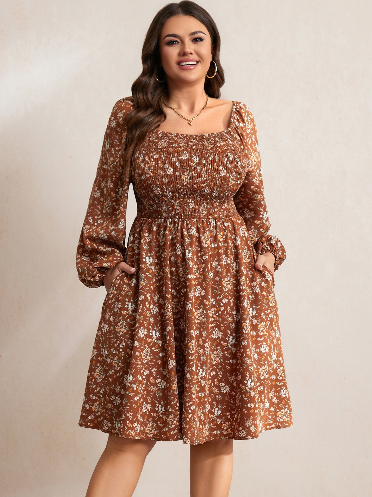Plus Size Floral Long-Sleeve Midi Dress — Brown Floral gallery image 1