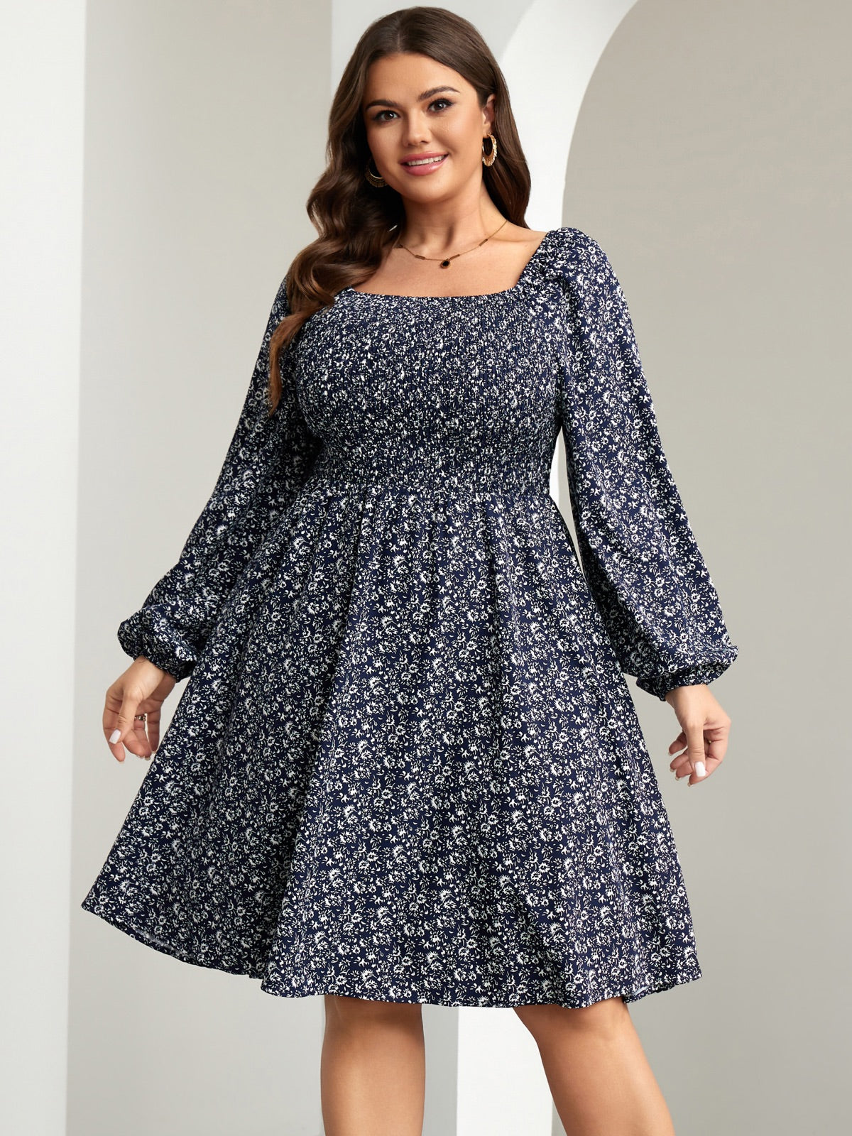 Plus Size Floral Long-Sleeve Midi Dress — Floral Navy Purple gallery image 3