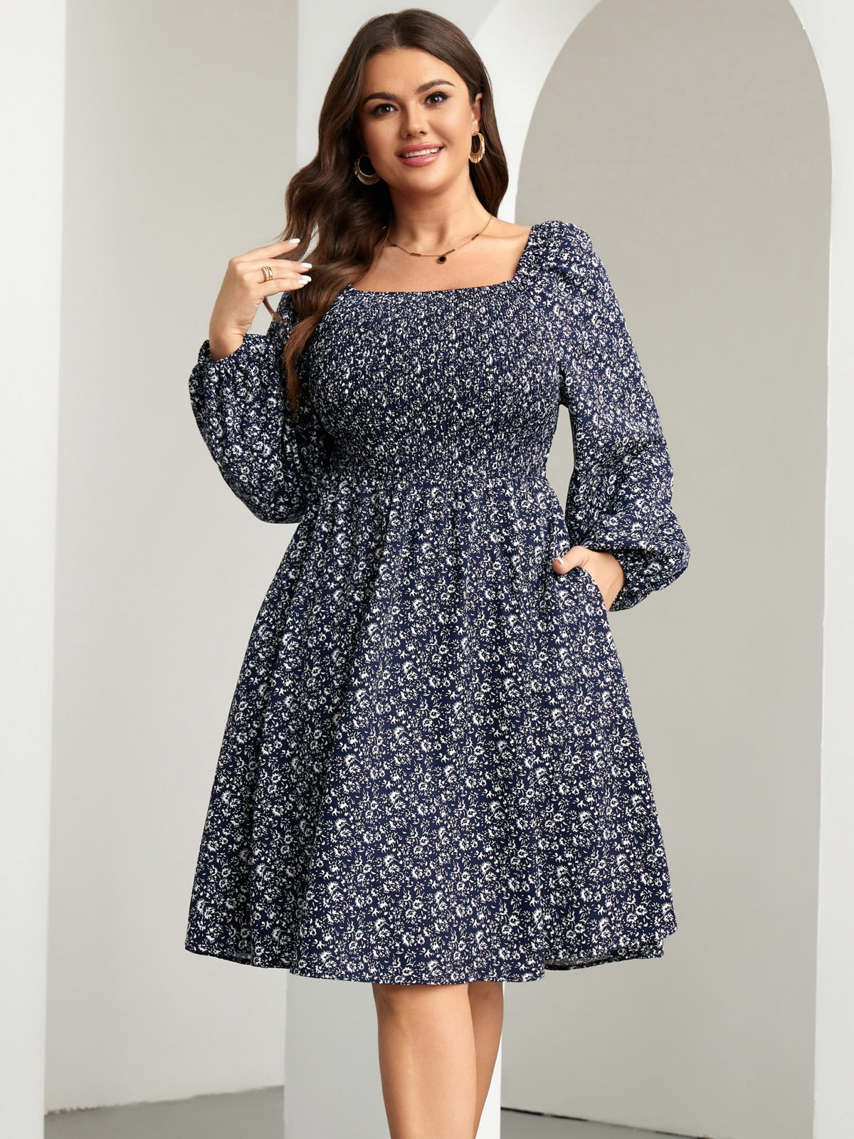 Plus Size Floral Long-Sleeve Midi Dress — Floral Navy Purple gallery image 1