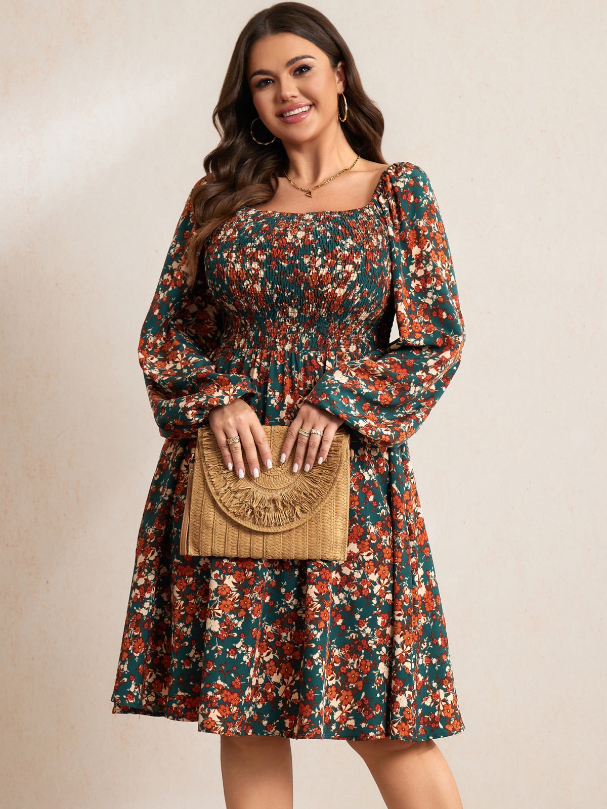 Plus Size Floral Long-Sleeve Midi Dress — Green Floral gallery image 3