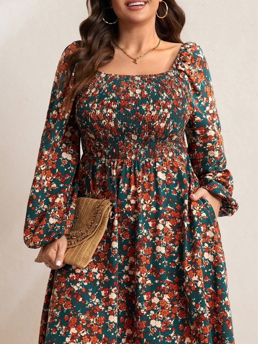 Plus Size Floral Long-Sleeve Midi Dress — Green Floral close-up detail