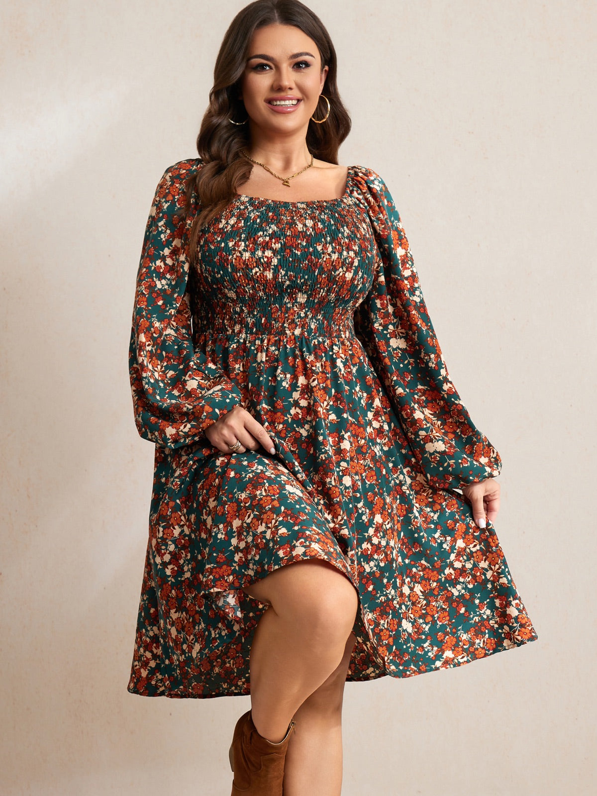Plus Size Floral Long-Sleeve Midi Dress — Green Floral gallery image 1