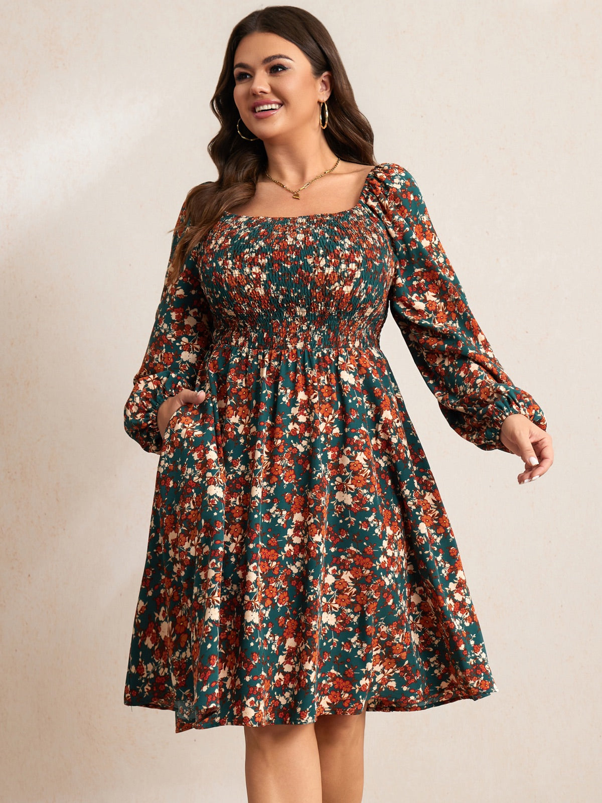 Plus Size Floral Long-Sleeve Midi Dress — Green Floral gallery image 2