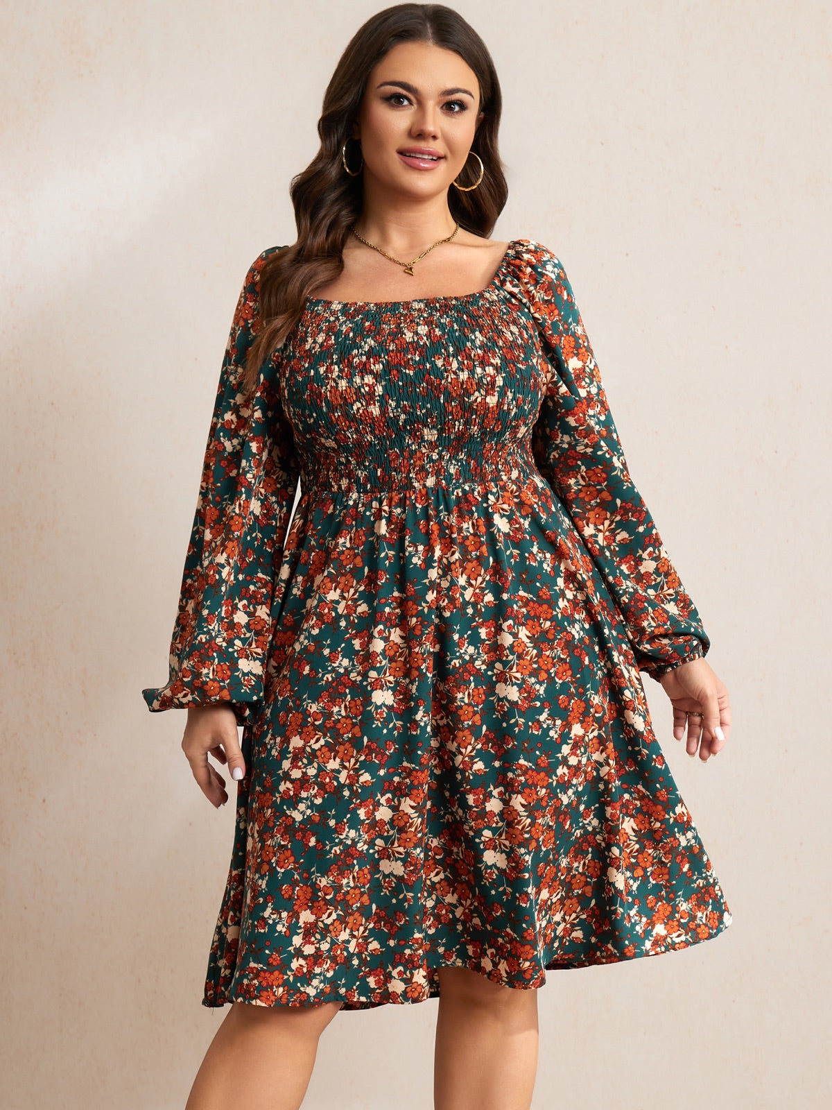 Plus Size Floral Long-Sleeve Midi Dress — Green Floral gallery image 3